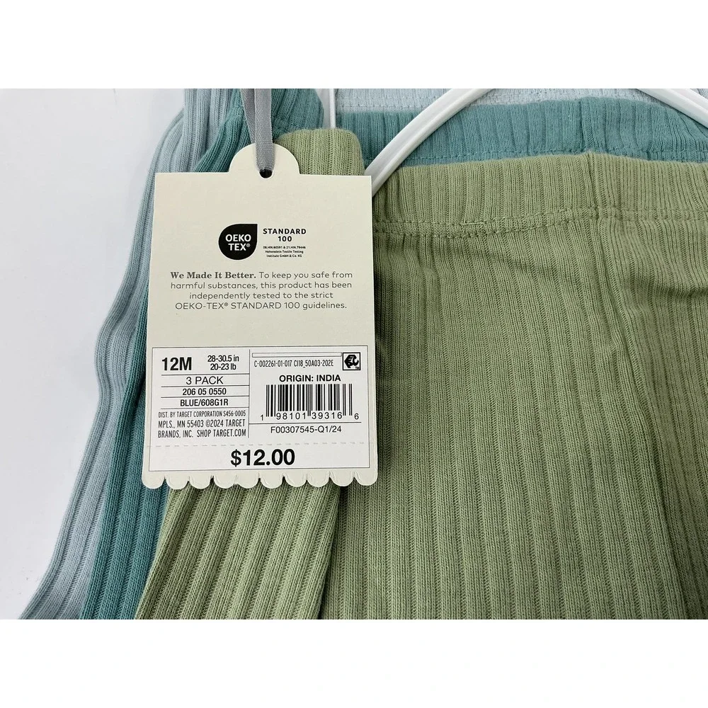 NWT Cloud Island Baby Ribbed Pants 3-Pack 12M Blue‎ Green Leggings Neutral